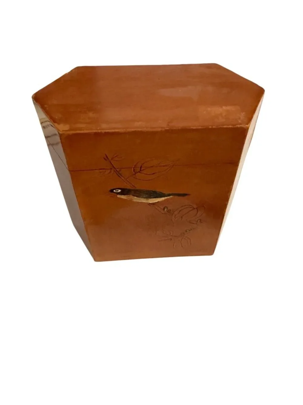 Vintage Chinese Lacquered Wooden Tea Caddy Box Bird Calligraphy Trinket Box